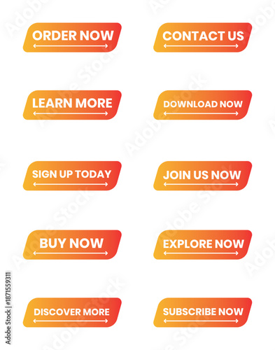 A Set of 10 Orange Gradient Call to Action (CTA) Buttons (Order Now, Contact Us, Learn More, Download Now, Sign Up, Join Us, Buy Now, Explore, Discover, Subscribe). Editable Flat Vector Design