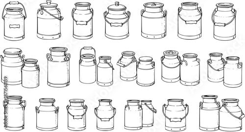 Vintage Milk Cans And Creamers Collection - Rustic Dairy Farm Illustration