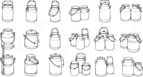 Milk Can Collection: Various Styles  Sizes Line Art Vector Illustration