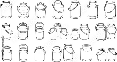 Assorted Milk Cans: Vintage Farm Dairy Vessel Collection in Outline Style