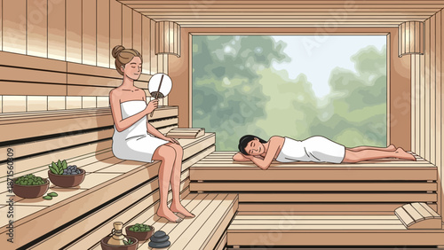 Relaxing sauna scene with a woman reading while a man rests nearby under a