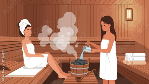 Relaxing Sauna Experience with Gentle Steam and Towel-wrapped Guests