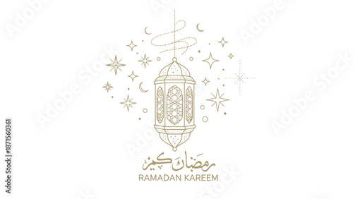 Elegant Ramadan Kareem greeting card with lanterns and celestial elements