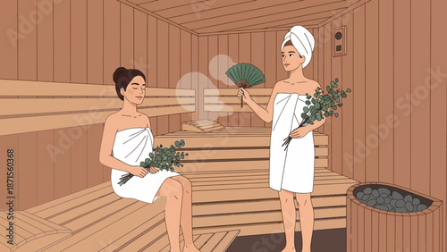 Relaxing spa scene with women wrapped in towels enjoying steam and aromatherapy