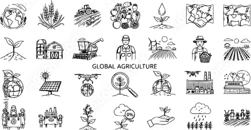 Hand Drawn Global Agriculture Doodles Icons Set: Farming, Technology, Sustainability, Food Production  People - Vector Collection