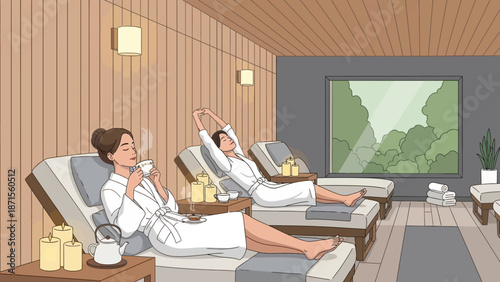 Relaxing spa treatment relaxation room with women receiving wellness therapy
