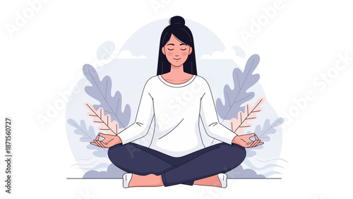 Serene woman practicing meditation in a peaceful natural environment with