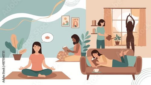 Relaxing indoor scene with meditation reading and yoga activities for well-being