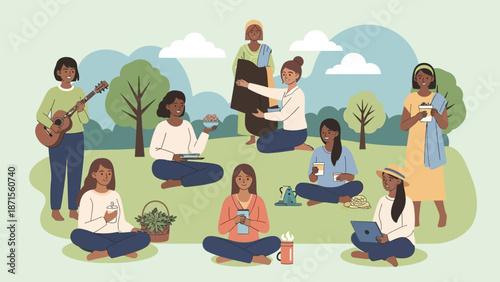 Diverse group of people sharing outdoor activities in a park setting