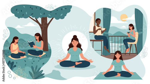People Practicing Meditation and Relaxation in Various Indoor and Outdoor