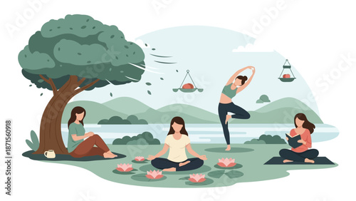 Serene outdoor yoga and meditation scene by the lakeside with relaxing nature