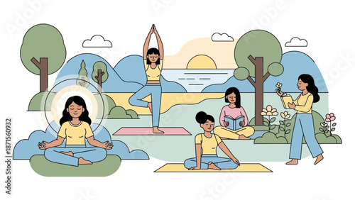peaceful outdoor yoga session with diverse women practicing meditation and