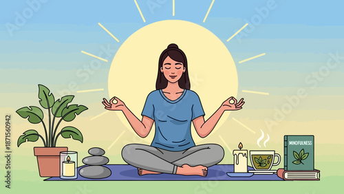 Serene woman practicing meditation outdoors with calming objects and natural