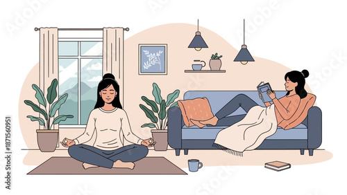 Relaxing indoors with yoga meditation and reading in a cozy living room scene