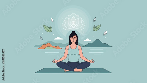 Serene woman practicing meditation by the water with floating leaves and a
