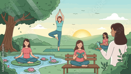 peaceful outdoor yoga and meditation session among nature with reading and