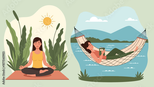 Relaxing outdoor leisure activities with meditation and hammock relaxation