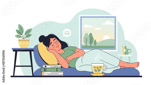 Peaceful woman sleeping in cozy room with natural scenery view for restful sleep