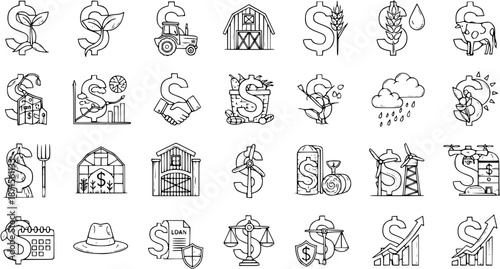 Agriculture Finance and Economy Doodle Line Icons Set. Farming, Agribusiness Investment, and Financial Growth Vector Collection.