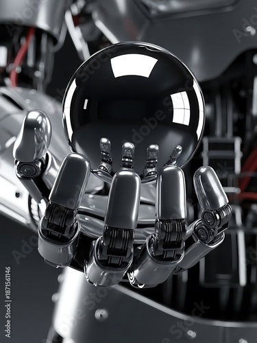 Metallic humanoid hand holding a glossy sphere of darkness with reflection