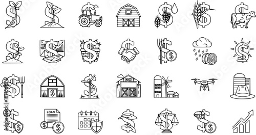 Agricultural Finance and Farm Investment Line Icons Set - Economy, Growth, and Rural Business Concepts