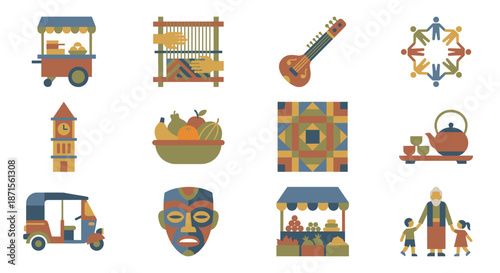 Flat color vector icons set of local flavor culture and community elements featuring street food music and traditional crafts for travel and heritage design