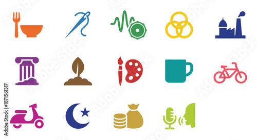 Minimalist solid color vector icons set depicting local flavor industries and daily life symbols including food art and transportation for modern interface design.