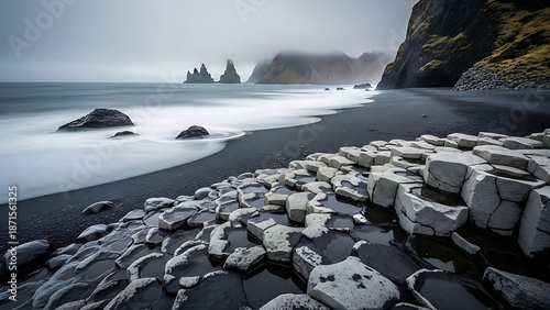 iceland black sand beach reynisfjara showcasing dramatic basalt columns and smooth long exposure ocean waves under a misty sky ideal for travel.