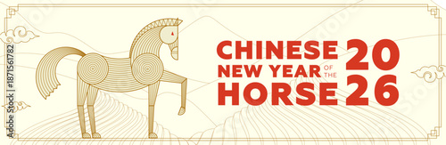 Oriental 2026 horse zodiac logo and fire element design for festive layouts. Traditional style red and gold icon set featuring lucky lunar new year symbols and cultural illustrations.