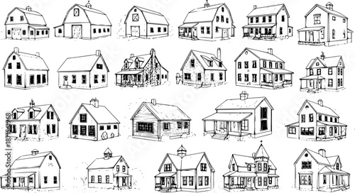 Collection of hand-drawn architectural sketches of various houses, farmhouses, and barns in black and white, suitable for vintage design and illustration projects.