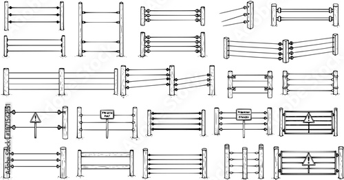 Electric Fence Variations: Isolated Line Art Collection