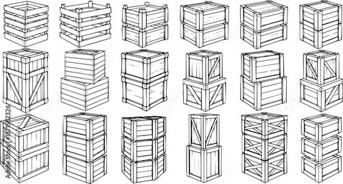 Detailed hand-drawn collection of wooden storage and shipping boxes and crates, individual and stacked, in various vintage styles line art.