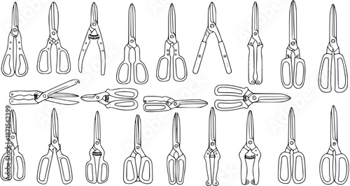 Assorted Scissors and Shears Line Art: Diverse Hand Tools for Cutting and Trimming