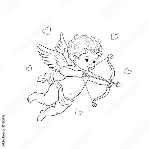 Cupid with Bow and Arrow, Flying, Hearts, Love Symbol, Valentine's Day Illustration