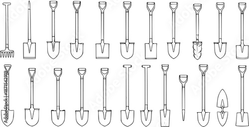 Detailed collection of various garden and construction shovels, spades, a rake, and a post-hole digger in a monochrome hand-drawn line art illustration.
