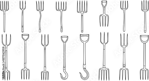 Hand-drawn outline garden forks and farming tools set. Vector illustration of agricultural implements like pitchforks with various handles, for garden and farm work.