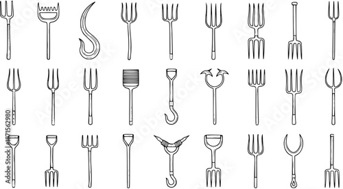 A comprehensive collection of diverse and unique hand-drawn fork designs, featuring various kitchen utensils, gardening tools, and unconventional implements in black and white outline.