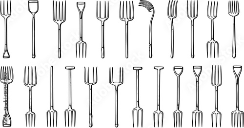 Hand-drawn collection of diverse forks, showcasing a humorous blend of kitchen utensils and gardening tools like pitchforks and spades, in a black and white sketch.