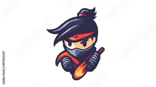 Cartoon Ninja Character with Sword and Fire.