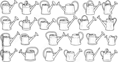 Watering Can Collection: Hand-Drawn Garden Tools Vector Illustration