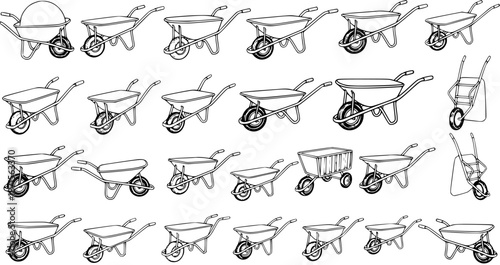 Collection of Black and White Wheelbarrow Illustrations: Variety of Designs