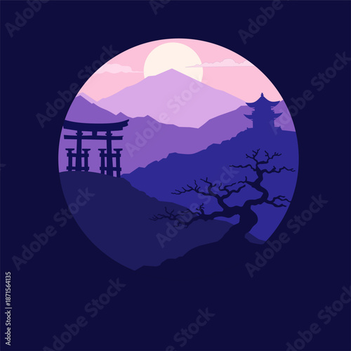 Minimalist flat vector illustration of a Japanese landscape with layered mountains, torii gate, pagoda silhouette, and a bonsai tree under a glowing moon in a calm twilight atmosphere