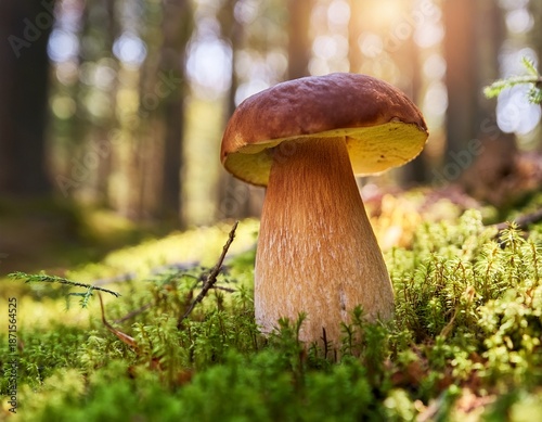 boletus edulis mushroom growing in mossy forest floor with sunlight porcini king bolete