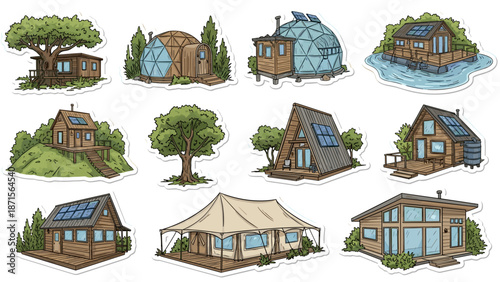 Collection of sustainable and ecofriendly tiny homes, glamping tents, and unique dwellings