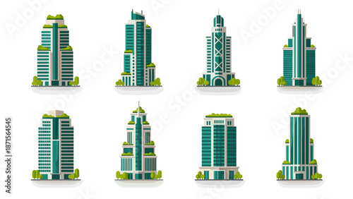 Set of eight modern green glass skyscraper buildings vector icons