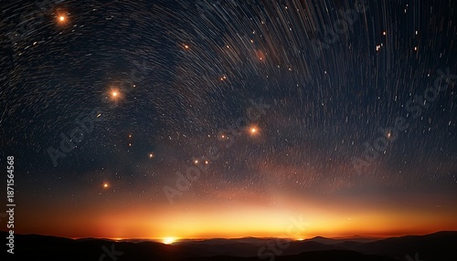 dark night sky with a bright orange glow and scattered tiny stars and light streaks space