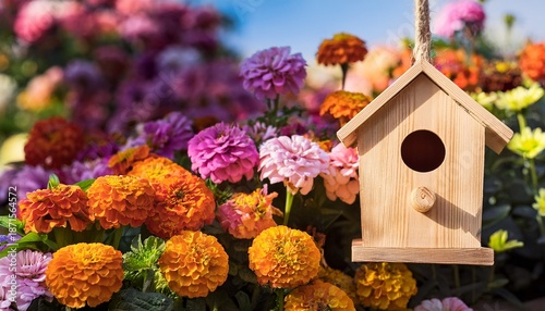 wooden birdhouse hanging amid colorful flowers