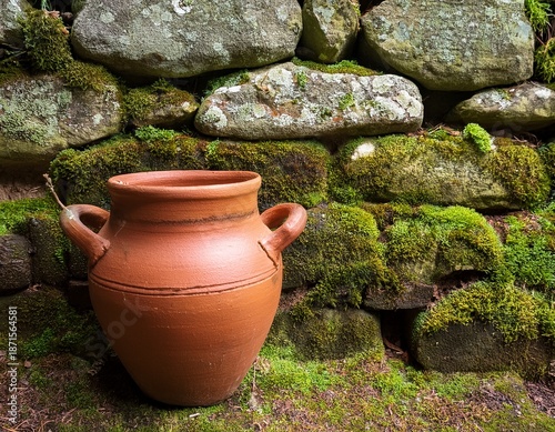rustic terracotta pot by a mossy stone wall