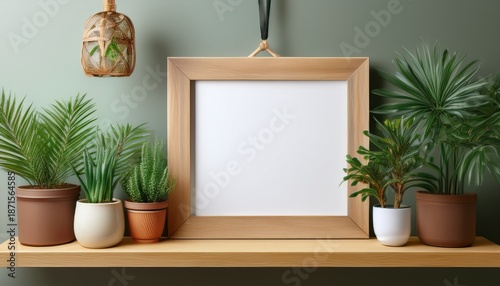shelf mockup with wooden frame and assorted potted green plants with pendant light picture frame empty frame