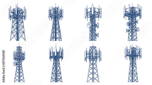 Set of eight different cellular communication towers blueprints